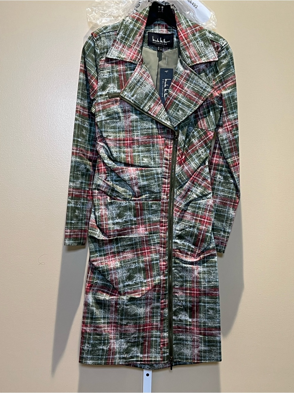 Nicole Miller Runway Olive and Red Plaid Midi Coat Dress